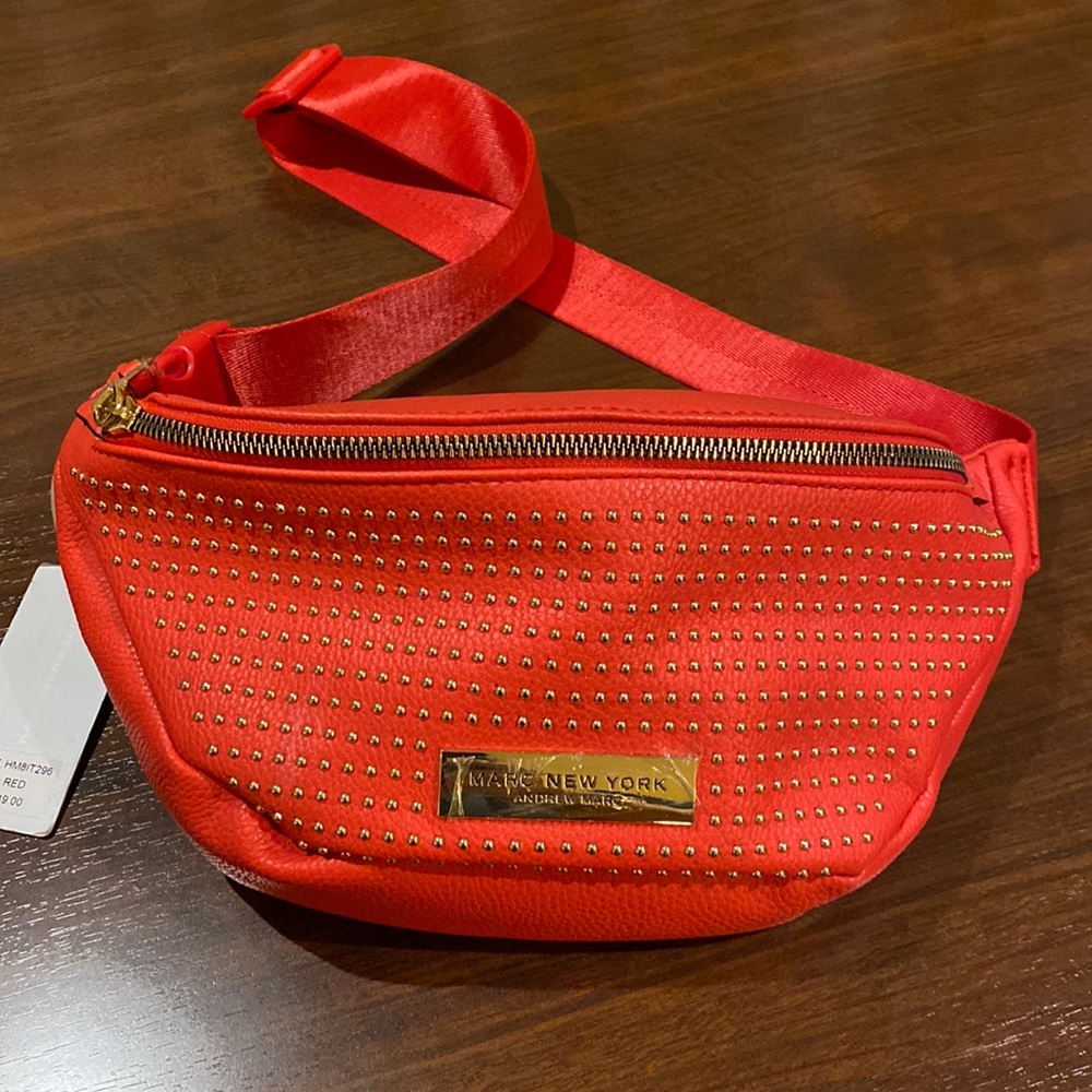 Marc New York/Andrew Marc Waist/belt Bag Red w/gold swivel zipper pulls & studs